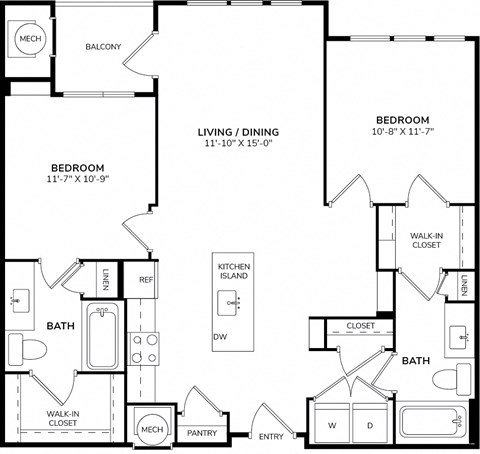 Floor plan for 2 beds, 2 baths, 1101 sqft
